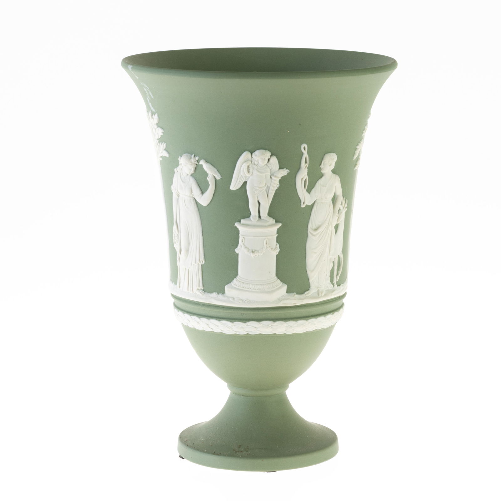 WEDGWOOD GREEN JASPER PORCELAIN CAMEO URN VASE: (H) 19CM.From a collection of Wedgwood and other selected ceramic/porcelain objects. Kindly examine all photographs provided in this listing or ask for a condition report. All items offered are in gen
