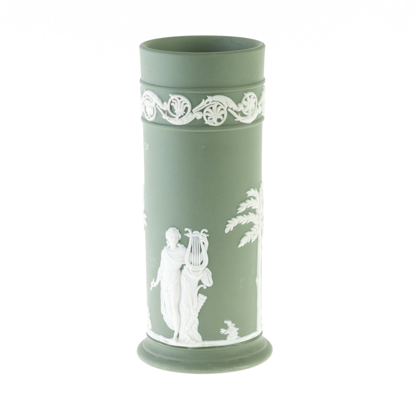 WEDGWOOD GREEN JASPER PORCELAIN CAMEO SPILL VASE: (H) 17CM. From a collection of Wedgwood and other selected ceramic/porcelain objects. Kindly examine all photographs provided in this listing or ask for a condition report. All items offered are in ge