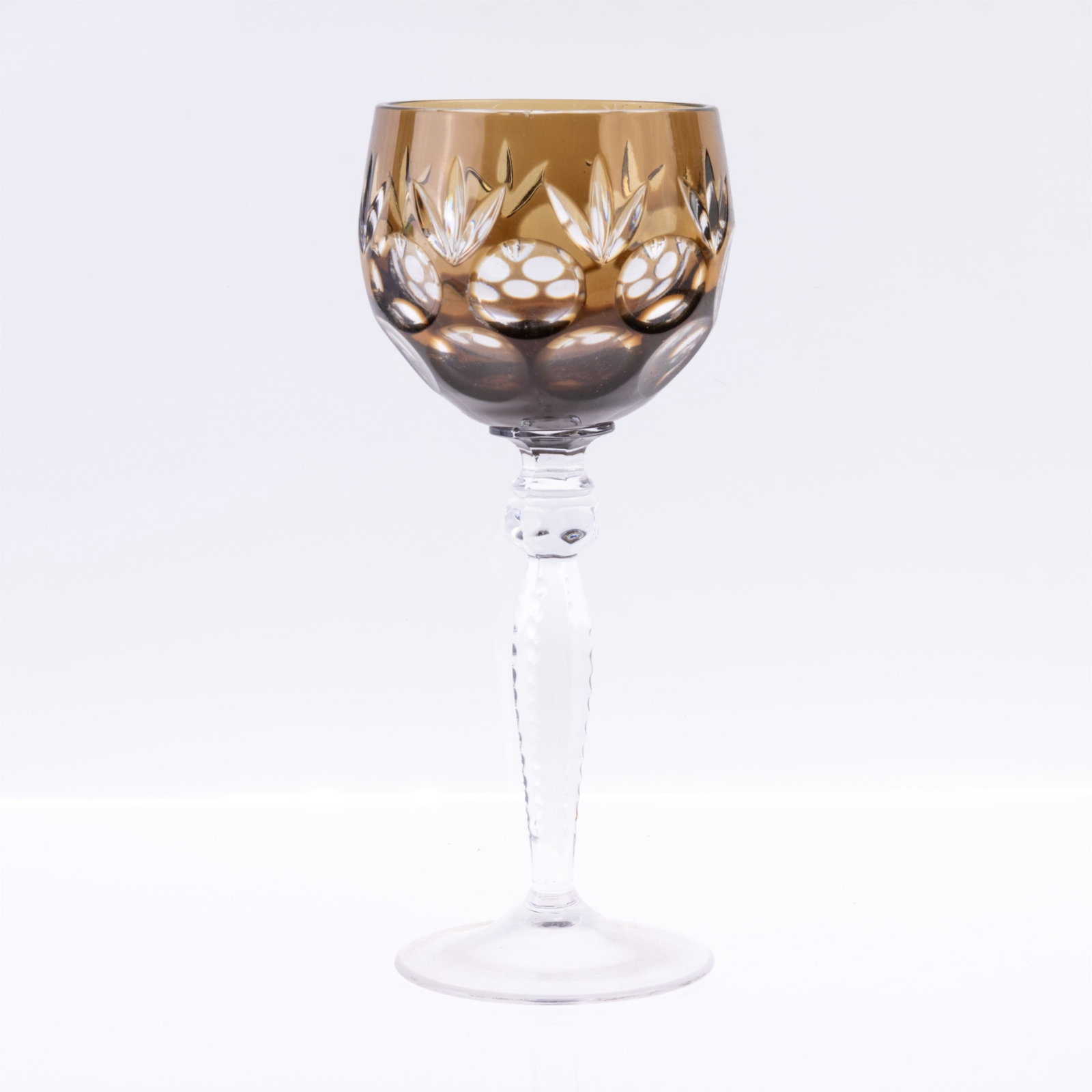 SMOKY QUARTZ CUT CRYSTAL HOCK WINE GLASS: (H) 20CM. From a collection of Wedgwood and other selected ceramic/porcelain objects. Kindly examine all photographs provided in this listing or ask for a condition report. All items offered are in ge