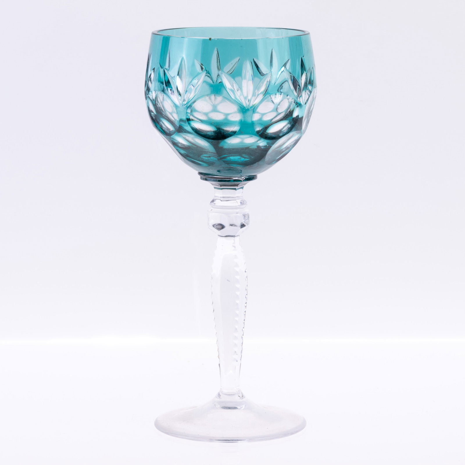 EMERALD CUT CRYSTAL HOCK WINE GLASS: (H) 20CM. From a collection of Wedgwood and other selected ceramic/porcelain objects. Kindly examine all photographs provided in this listing or ask for a condition report. All items offered are in ge