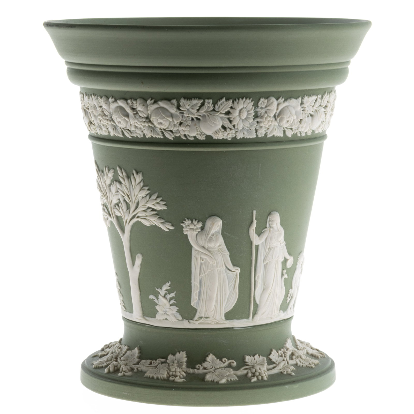 WEDGWOOD GREEN JASPER CERAMIC CLASSICAL CAMEO PLANTER VASE: From a collection of Wedgwood and other selected ceramic/porcelain objects. Kindly examine all photographs provided in this listing or ask for a condition report. All items offered are in generally go
