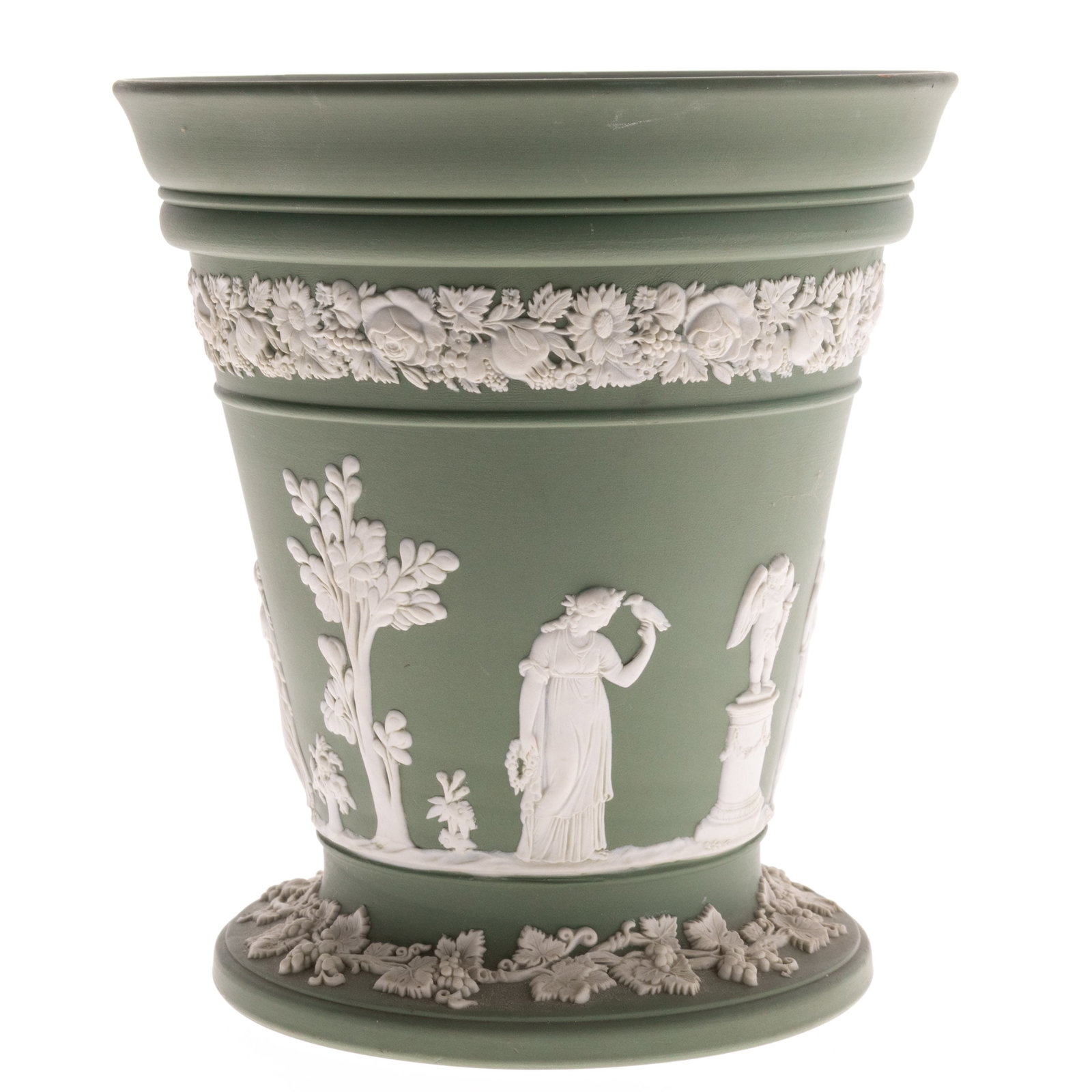 ANTIQUE WEDGWOOD GREEN JASPER CERAMIC CLASSICAL PLANTER VASE: From a collection of Wedgwood and other selected ceramic/porcelain objects. Kindly examine all photographs provided in this listing or ask for a condition report. All items offered are in generally go