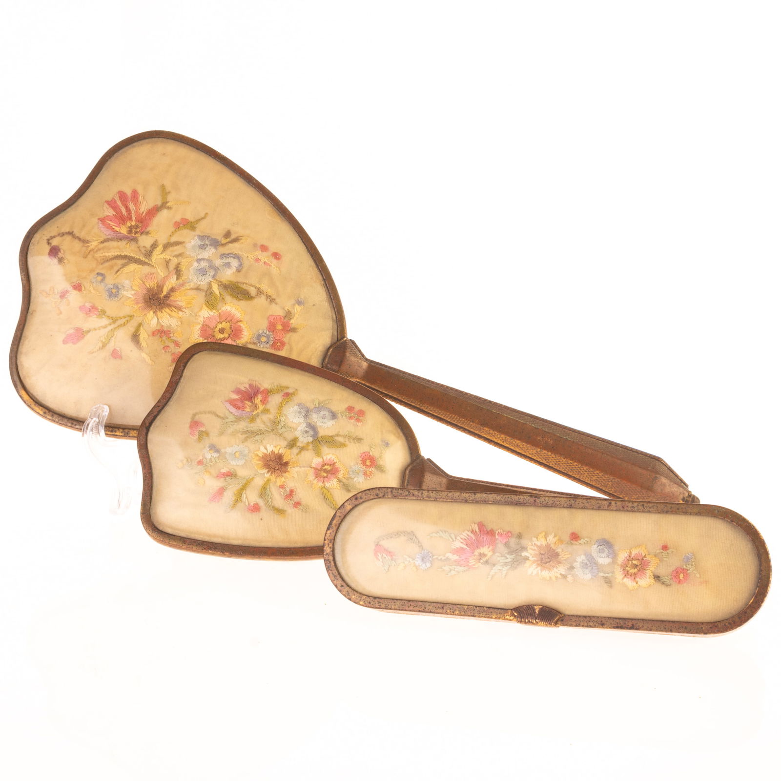 ANTIQUE THREE-PIECE EMBROIDERED VANITY SET MIRROR & BRUSHES (1 of 3)