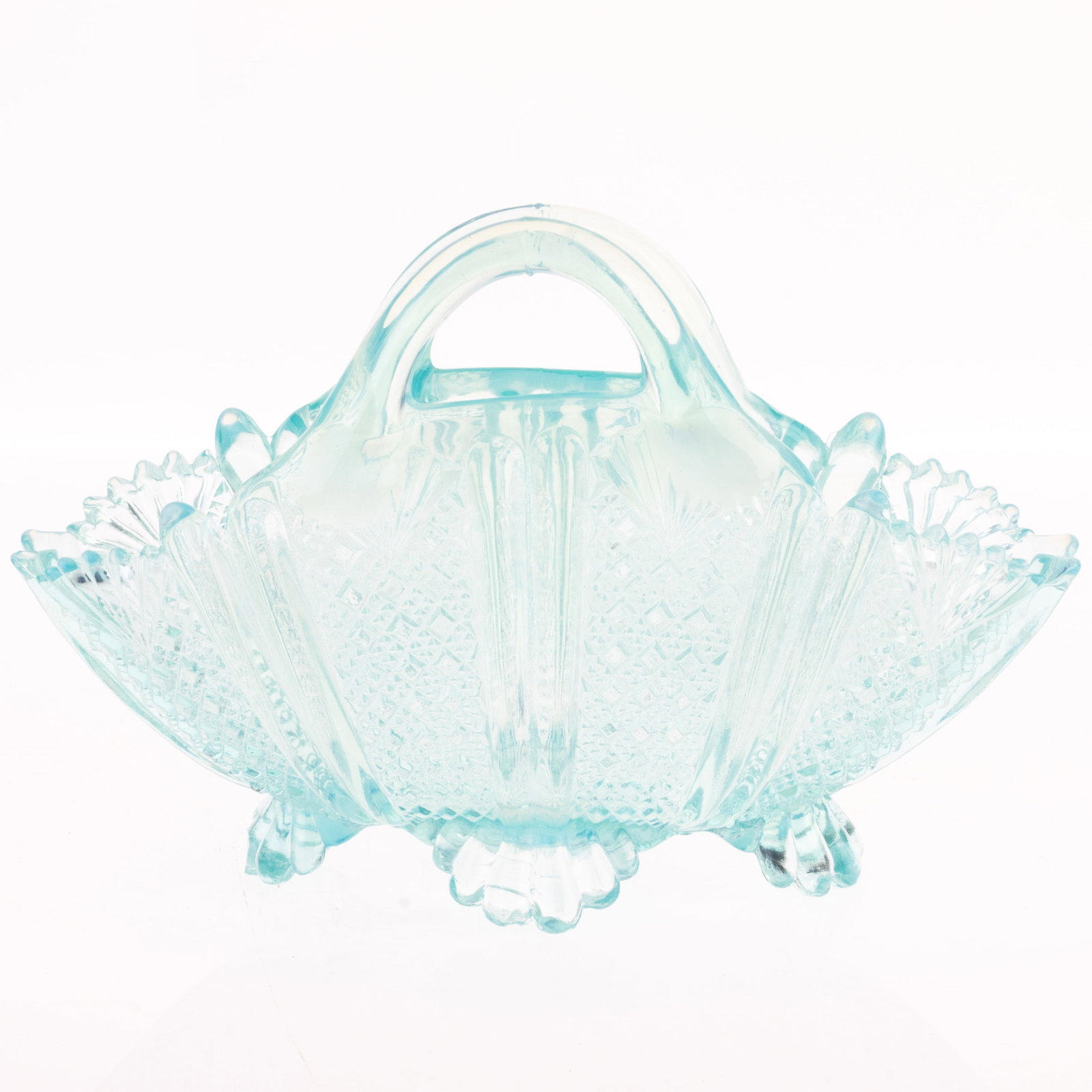 ANTIQUE VASELINE GLASS BASKET: From a collection of Wedgwood and other selected ceramic/porcelain objects. Kindly examine all photographs provided in this listing or ask for a condition report. All items offered are in generally go