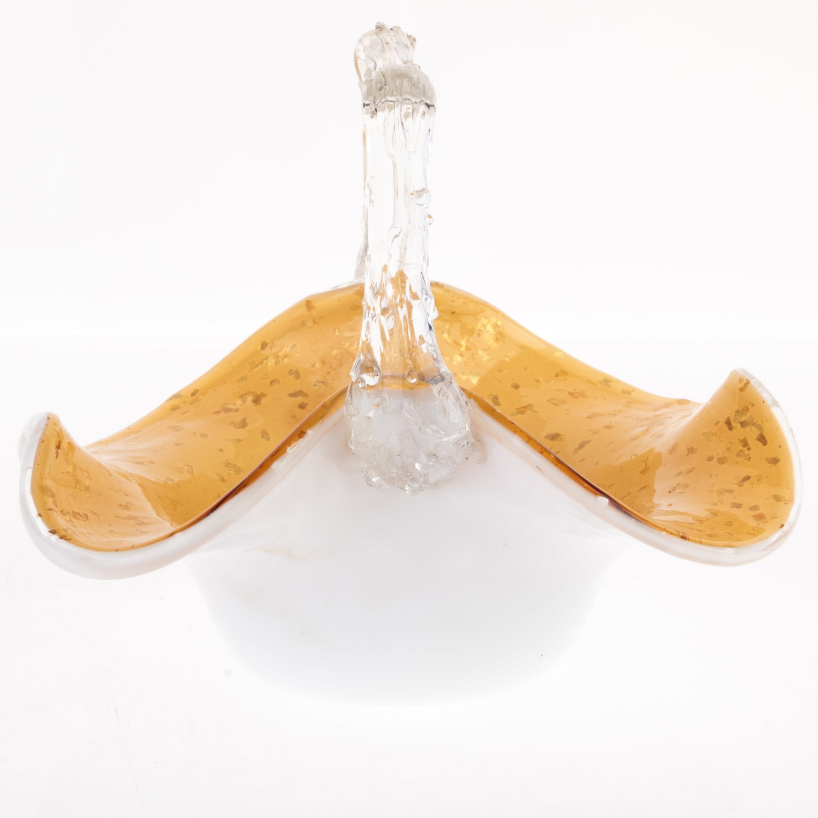 MID-CENTURY HAND-BLOWN GLASS BASKET: From a collection of Wedgwood and other selected ceramic/porcelain objects. Kindly examine all photographs provided in this listing or ask for a condition report. All items offered are in generally go