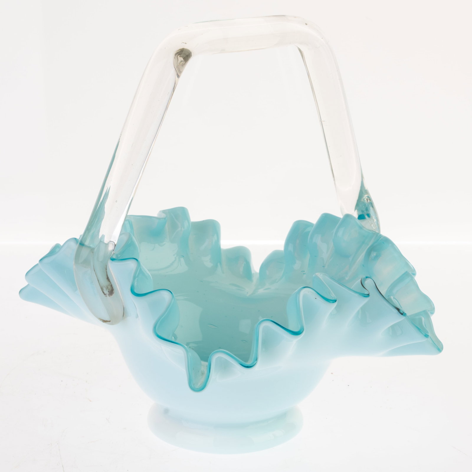 ANTIQUE OPALINE GLASS BASKET: From a collection of Wedgwood and other selected ceramic/porcelain objects. Kindly examine all photographs provided in this listing or ask for a condition report. All items offered are in generally go