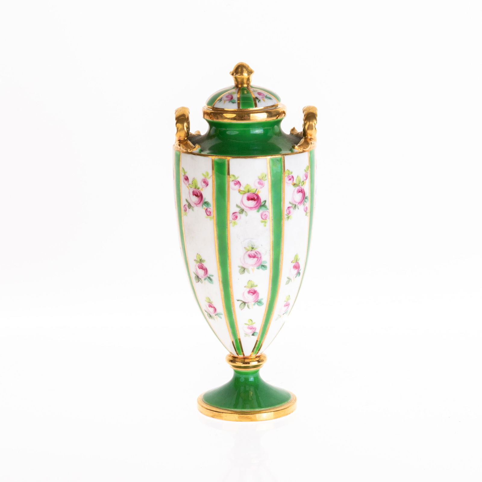 MINTON GILD PORCELAIN LIDDED MINIATURE VASE: 6x6x14.5CM.From a collection of Wedgwood and other selected ceramic/porcelain objects. Kindly examine all photographs provided in this listing or ask for a condition report. All items offered are in g