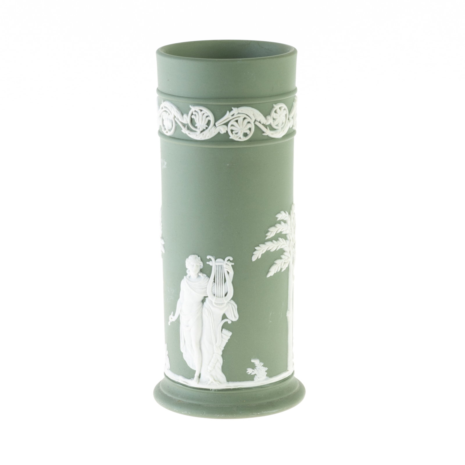 WEDGWOOD GREEN JASPER PORCELAIN CAMEO SPILL VASE: (H) 17CM. From a collection of Wedgwood and other selected ceramic/porcelain objects. Kindly examine all photographs provided in this listing or ask for a condition report. All items offered are in ge