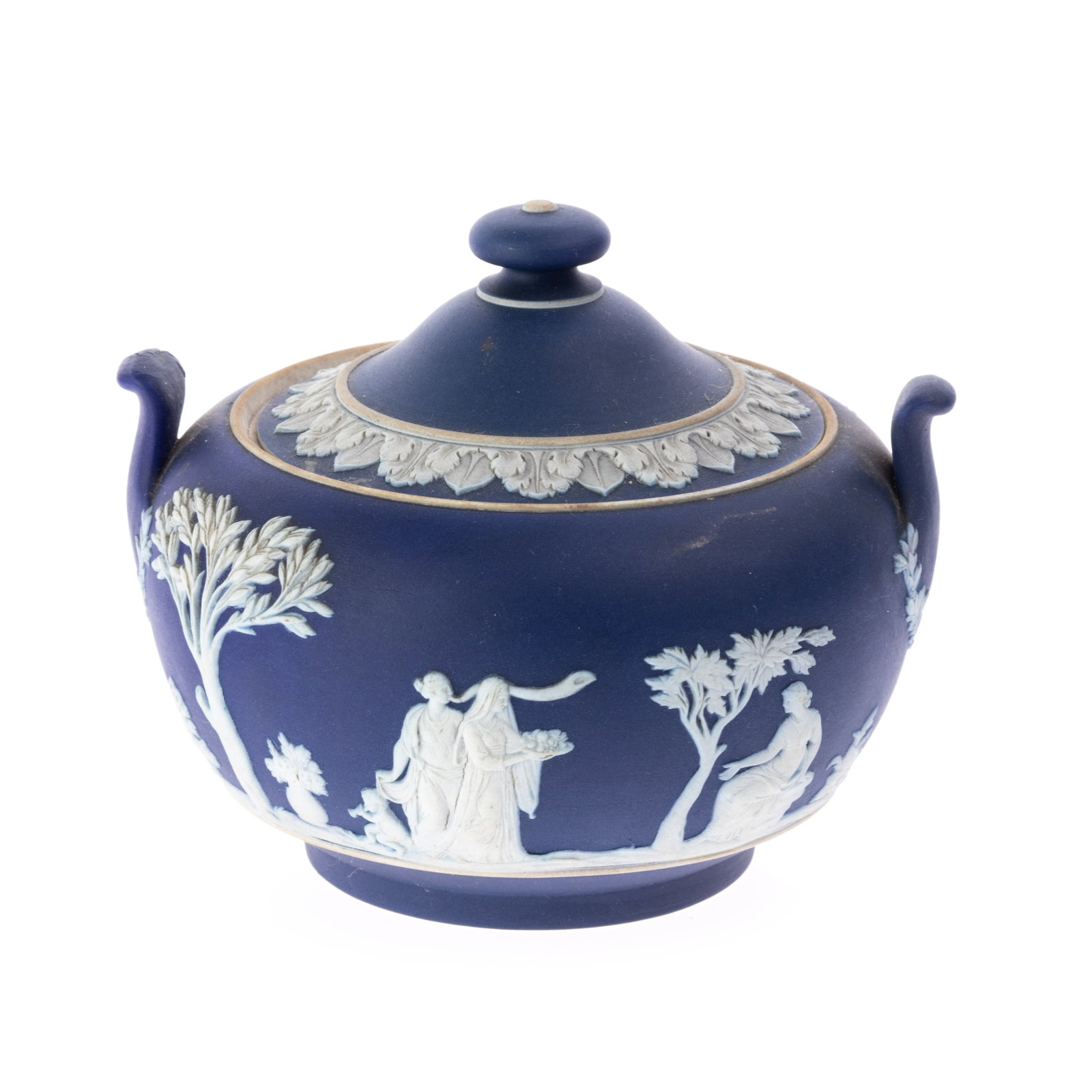 WEDGWOOD PORCELAIN CERAMIC JASPER SUGAR JAR: (W) 14CM.From a collection of Wedgwood and other selected ceramic/porcelain objects. Kindly examine all photographs provided in this listing or ask for a condition report. All items offered are in gen