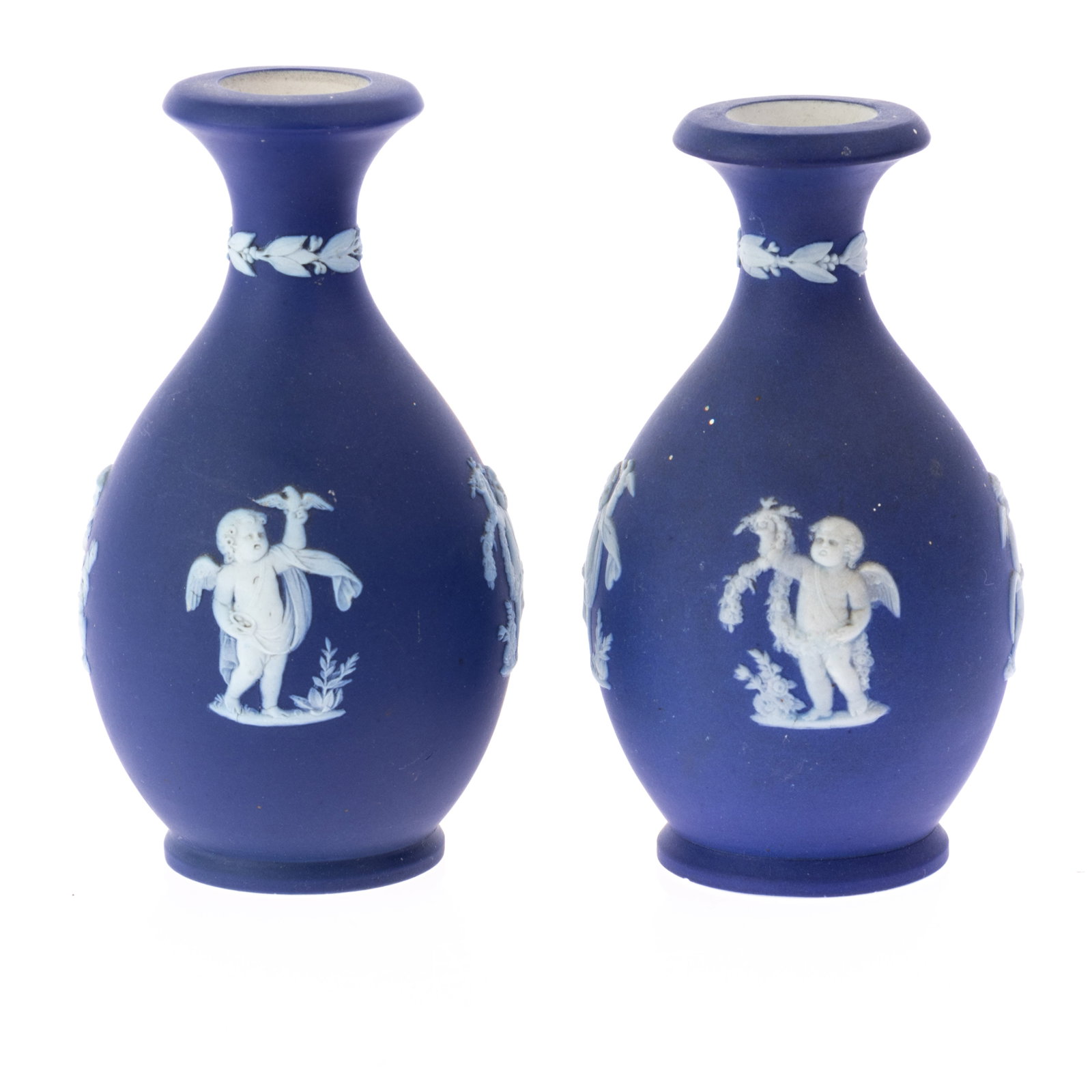 PAIR OF WEDGWOOD PORCELAIN CERAMIC JASPER VASES: (H) 12CM.From a collection of Wedgwood and other selected ceramic/porcelain objects. Kindly examine all photographs provided in this listing or ask for a condition report. All items offered are in gen