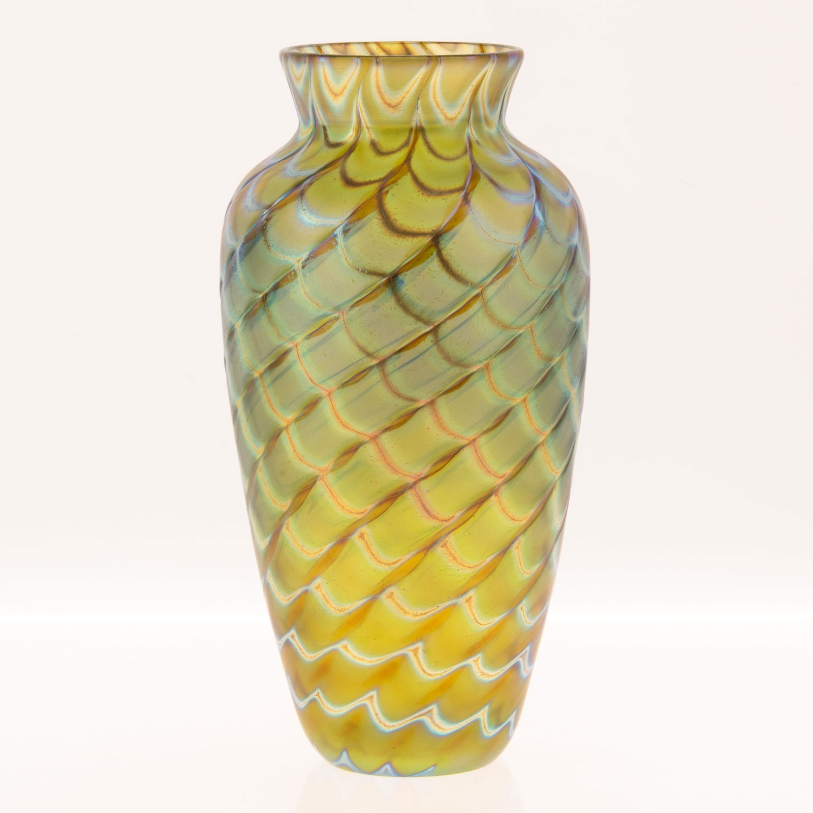 LOETZ STYLE SIGNED IRIDESCENT GLASS VASE: From a collection of Wedgwood and other selected ceramic/porcelain objects. Kindly examine all photographs provided in this listing or ask for a condition report. All items offered are in generally go