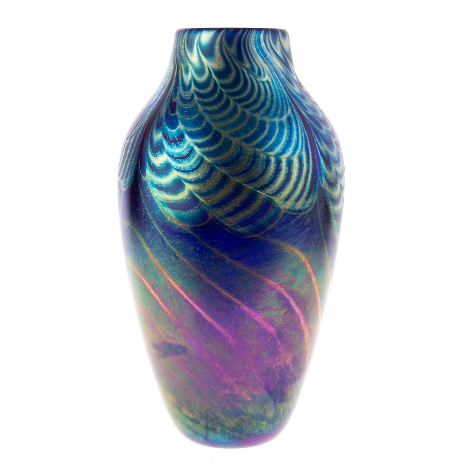 LOETZ STYLE SIGNED IRIDESCENT GLASS VASE: From a collection of Wedgwood and other selected ceramic/porcelain objects. Kindly examine all photographs provided in this listing or ask for a condition report. All items offered are in generally go