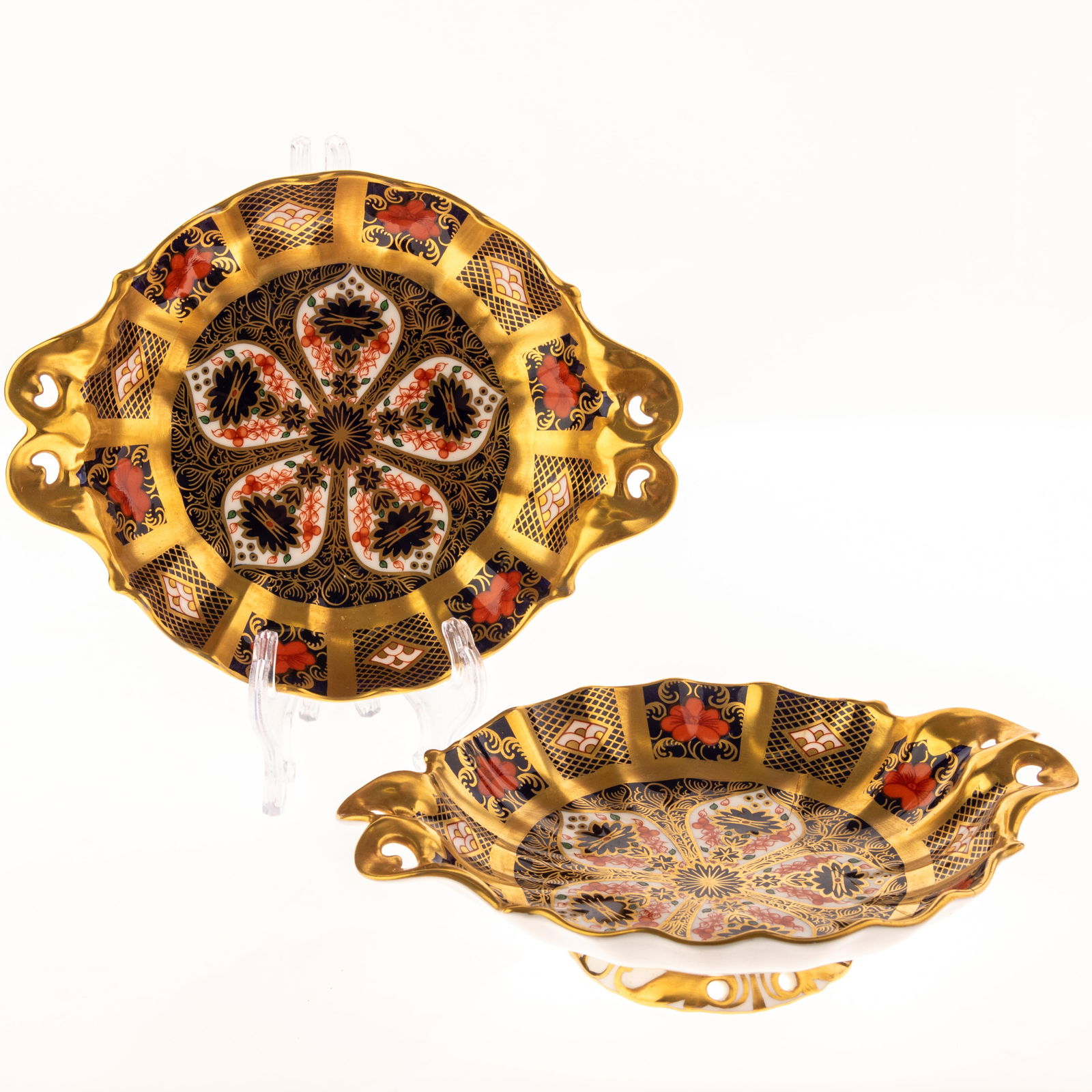 PAIR OF ENGLISH ROYAL CROWN DERBY IMARI PORCELAIN FOOTED BOWLS (1 of 2)