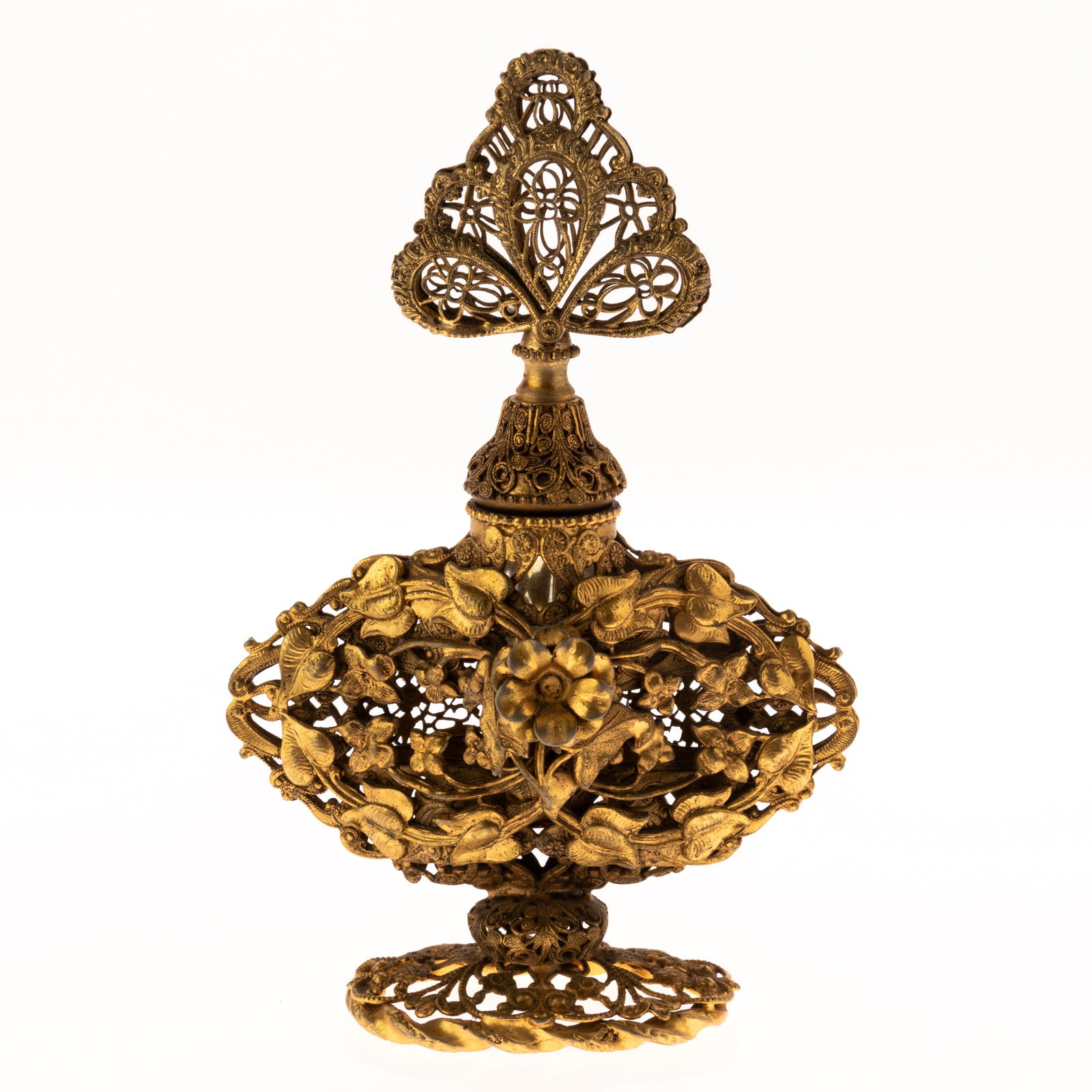 ANTIQUE GILT FILIGREE FLORAL SCENT PERFUME BOTTLE 19TH CENTURY (1 of 4)