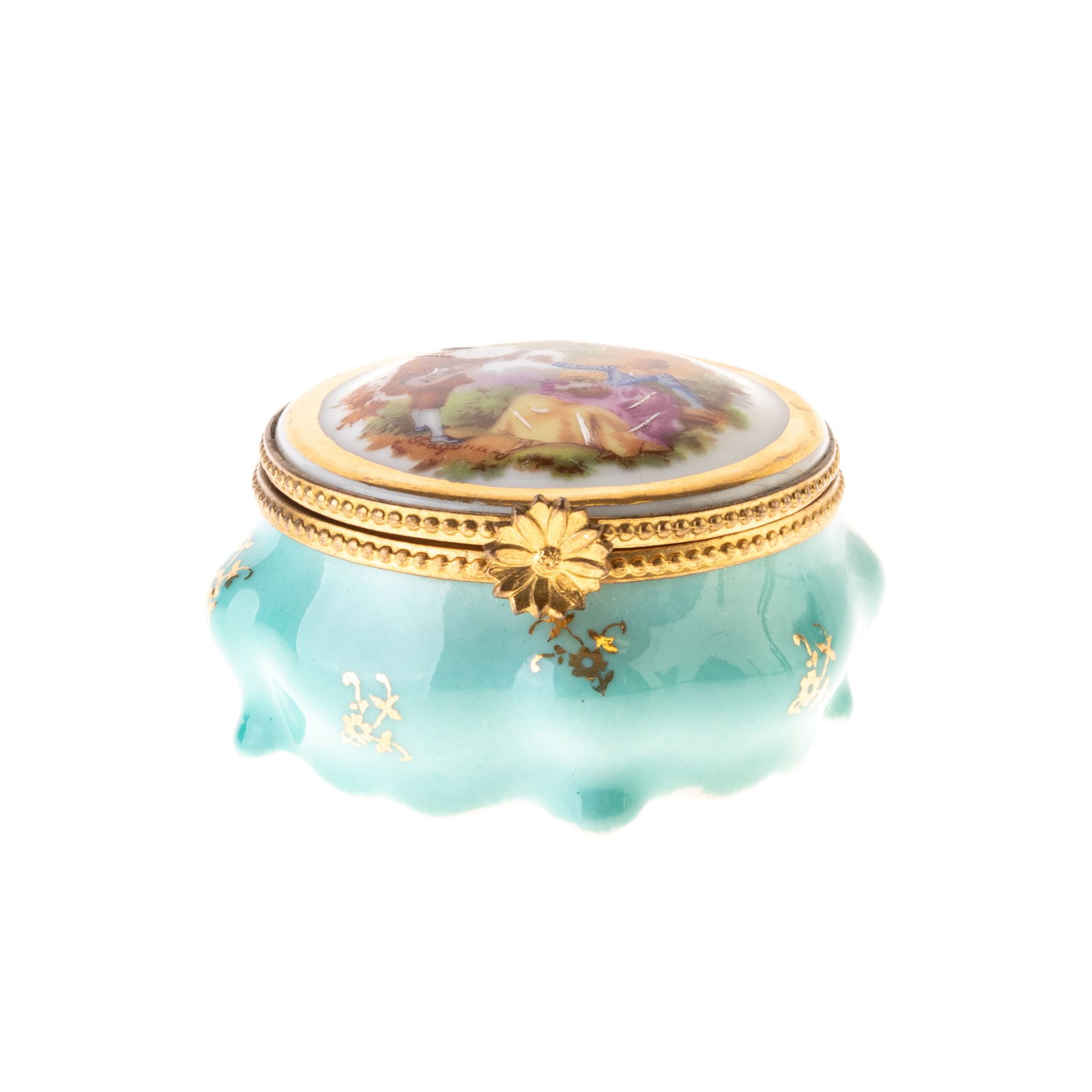 FRENCH TURQUOISE GROUND GILDED PORCELAIN PILL BOX: From a collection of Wedgwood and other selected ceramic/porcelain objects. Kindly examine all photographs provided in this listing or ask for a condition report. All items offered are in generally go