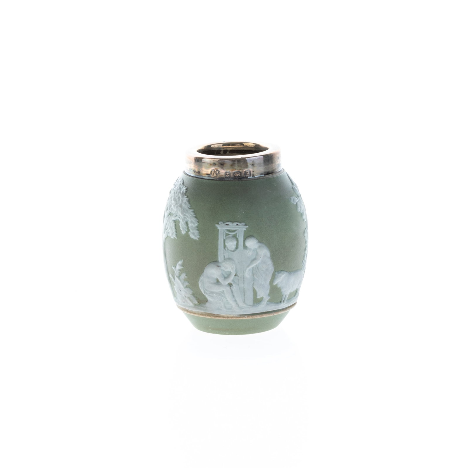 WEDGWOOD GREEN JASPER CERAMIC CLASSICAL MATCH HOLDER: (H) 7CM.From a collection of Wedgwood and other selected ceramic/porcelain objects. Kindly examine all photographs provided in this listing or ask for a condition report. All items offered are in gene