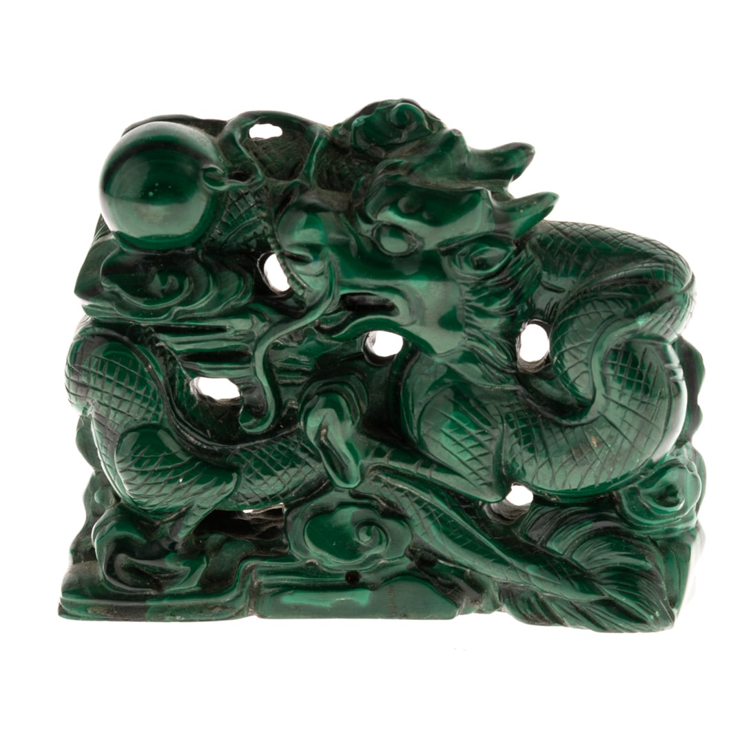 CHINESE MALACHITE CARVING SCULPTURE OF DRAGON CHASING PEARL (1 of 3)