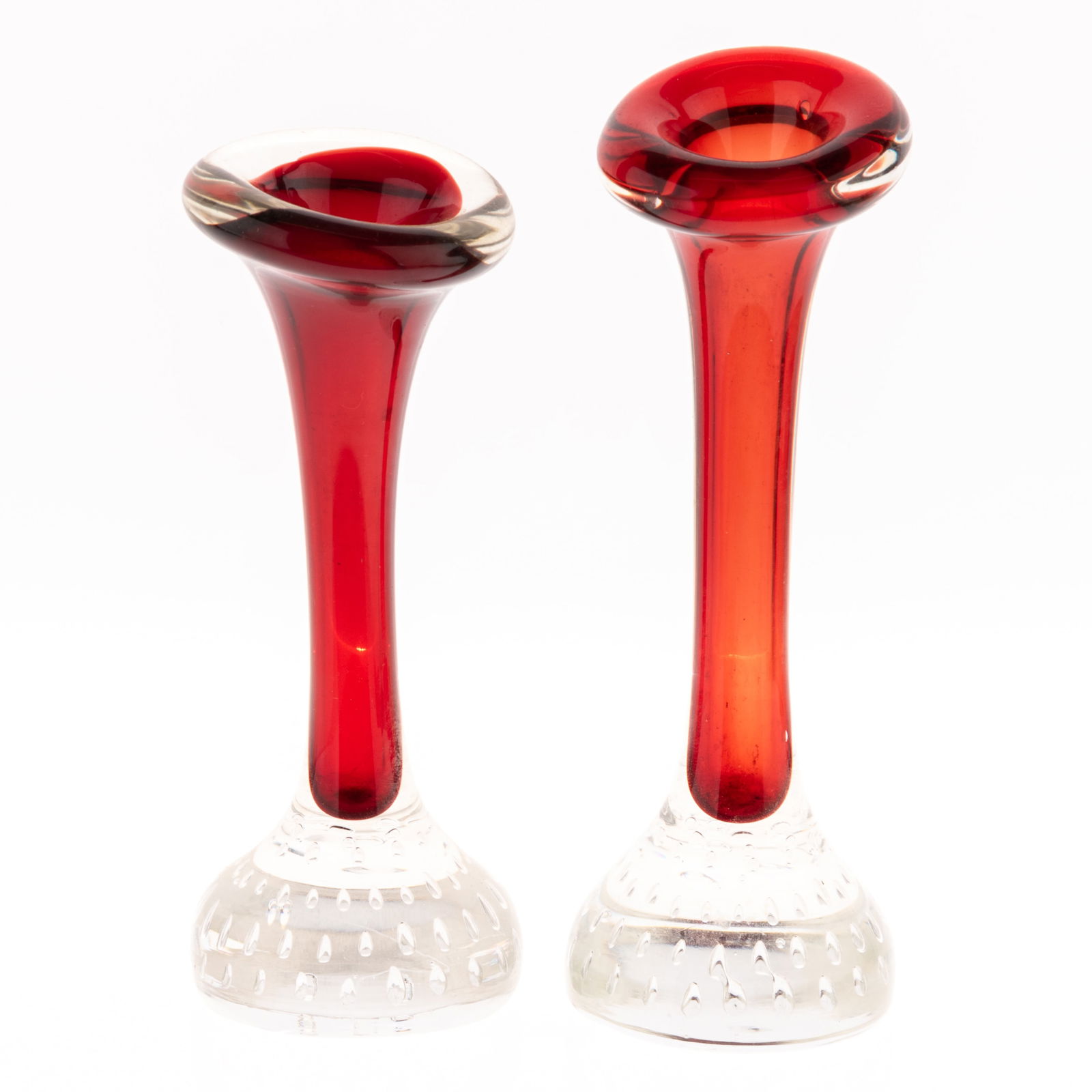 NEAR PAIR OF MIDCENTURY MURANO RED GLASS BUD VASES (1 of 3)