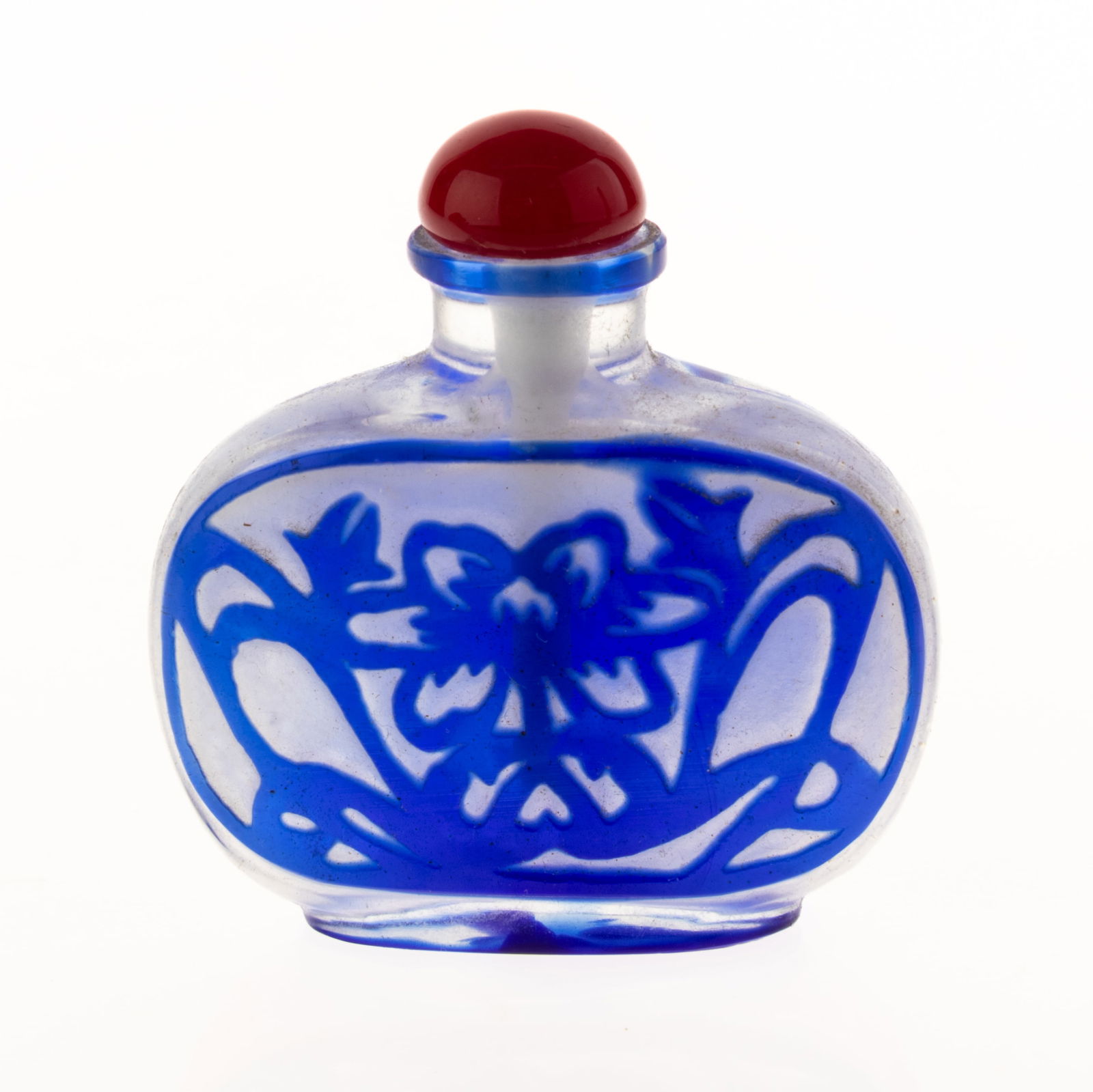 CHINESE PEKING GLASS CAMEO LOTUS FLOWER SNUFF BOTTLE (1 of 4)
