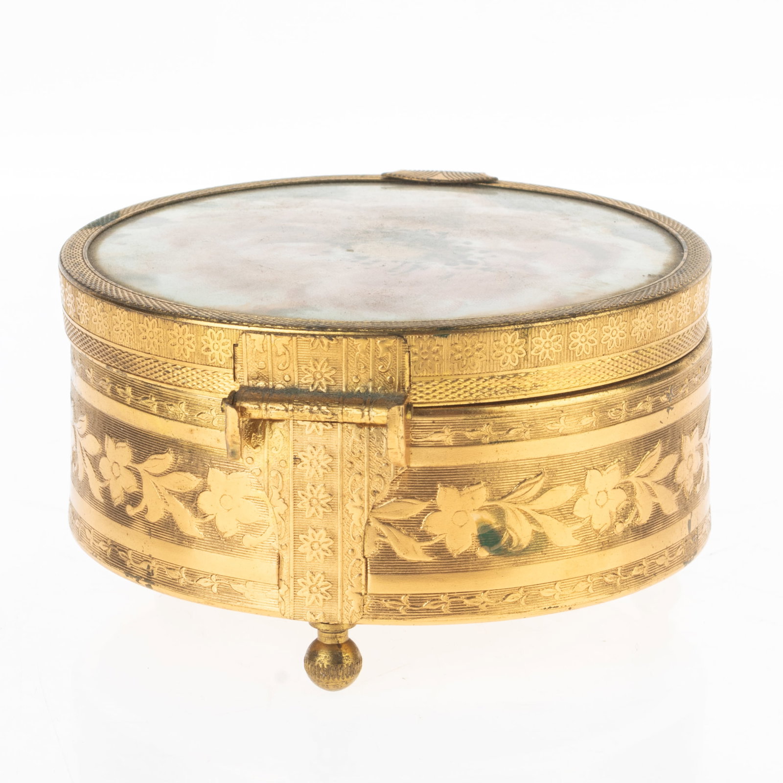 ANTIQUE CHASED FLORAL JEWELLERY CASKET: From a collection of Wedgwood and other selected ceramic/porcelain objects. Kindly examine all photographs provided in this listing or ask for a condition report. All items offered are in generally go