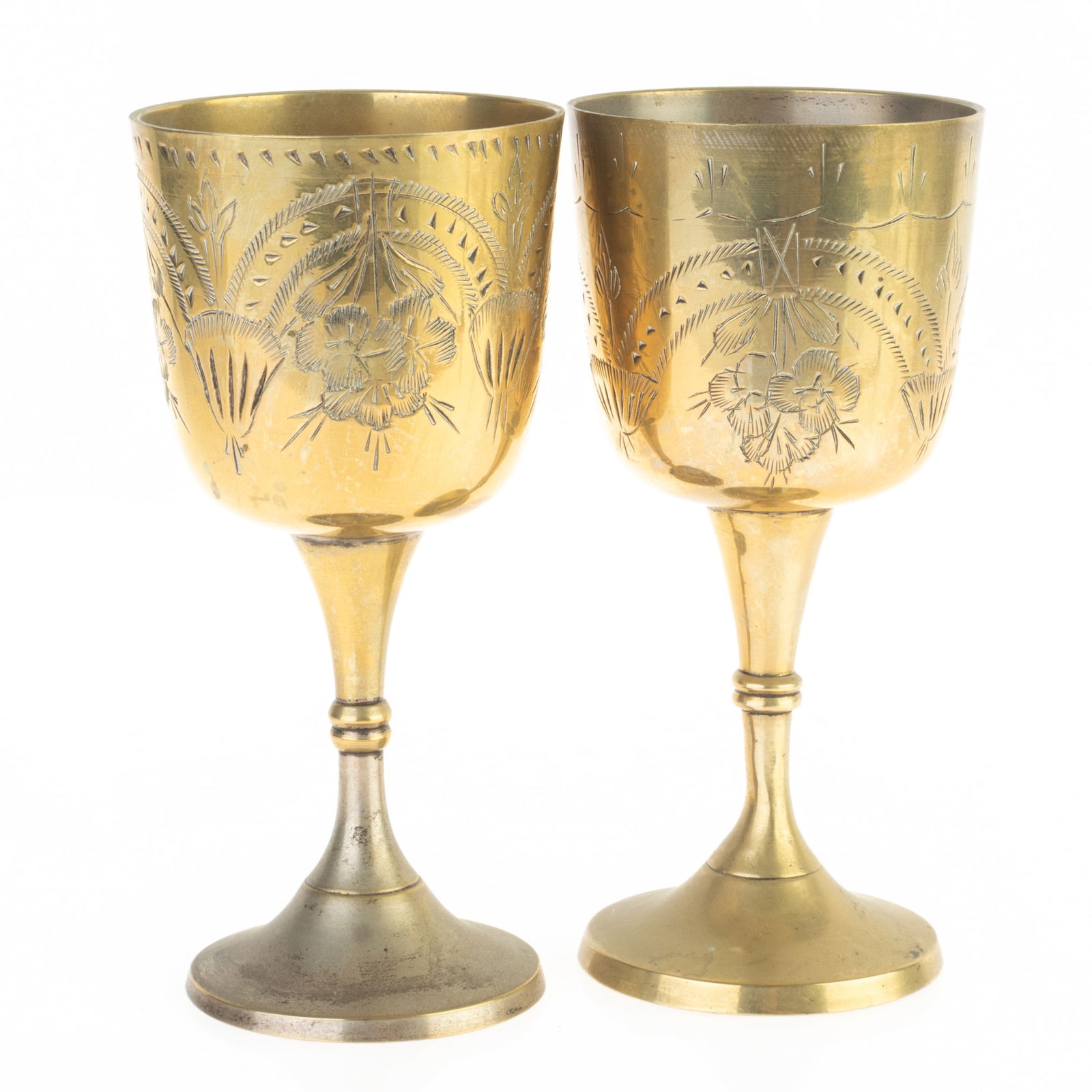 ANTIQUE PAIR OF CHASED BRASS GOBLETS (1 of 3)