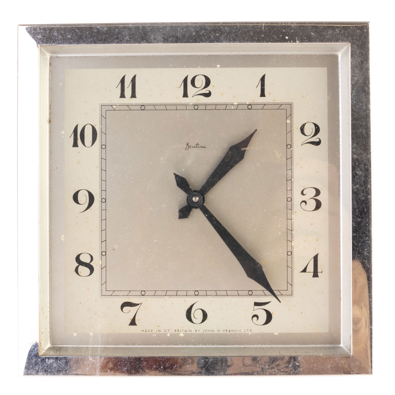 ART DECO CHROME BENTIMA MANTEL CLOCK: From a collection of Wedgwood and other selected ceramic/porcelain objects. Kindly examine all photographs provided in this listing or ask for a condition report. All items offered are in generally go