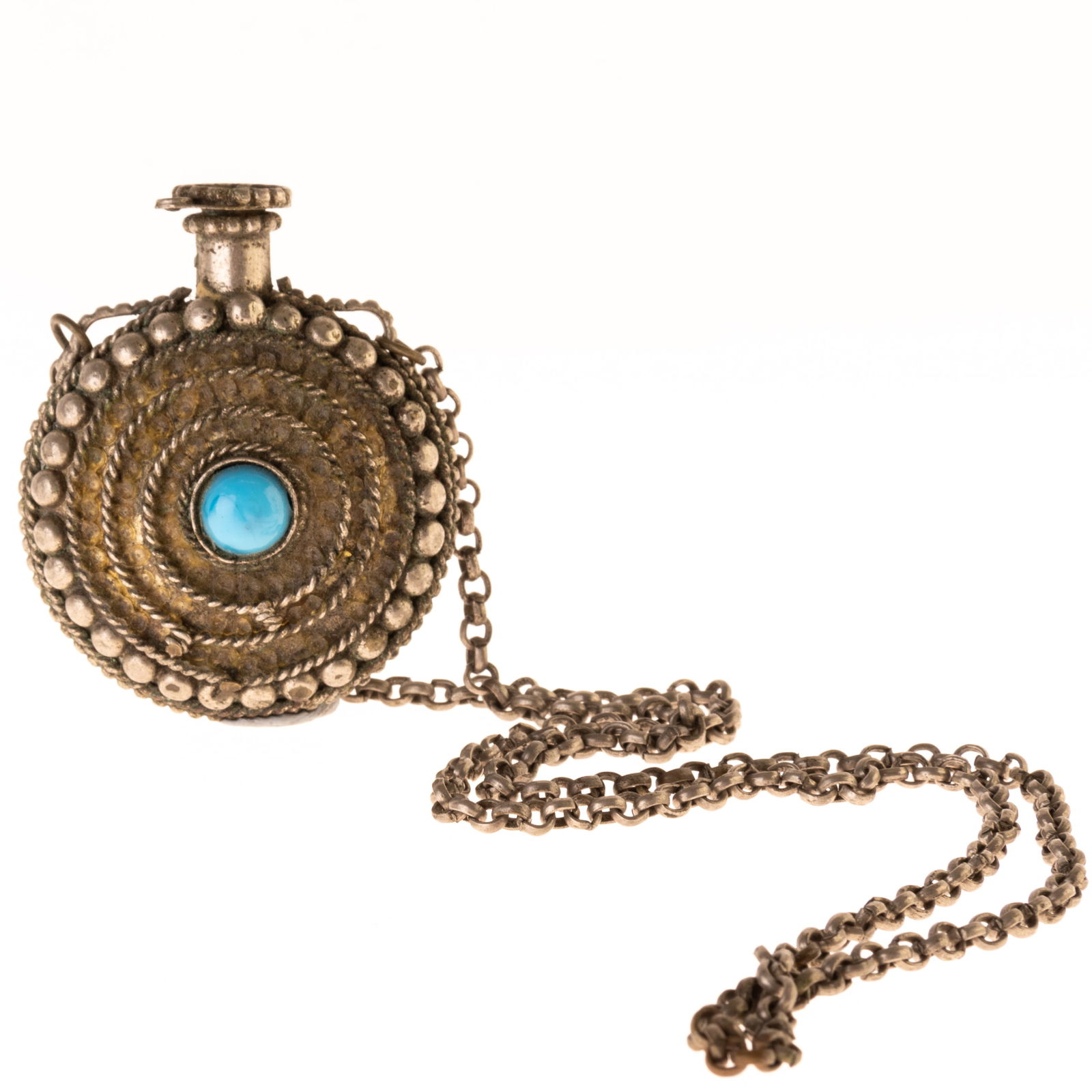 ANTIQUE CHINESE TIBETAN SILVER SNUFF BOTTLE WITH TURQUOISE STONE (1 of 3)