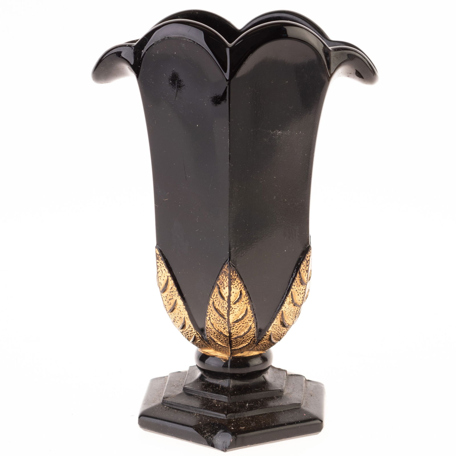 1930S ART DECO PRESSED BLACK GLASS VASE OF TULIP FORM (1 of 3)