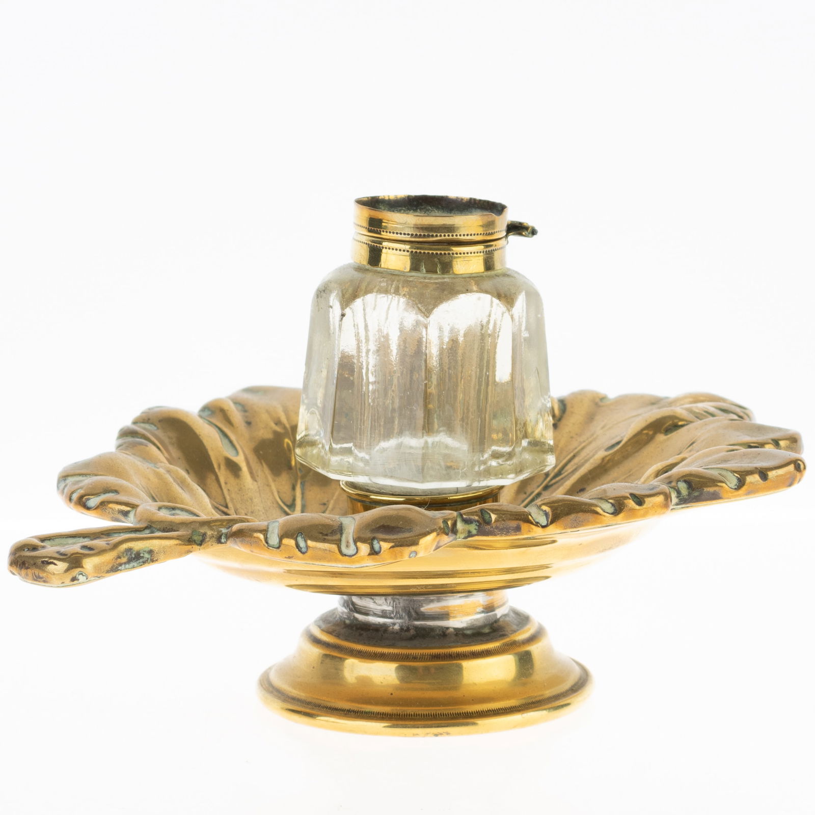 ANTIQUE VICTORIAN BRASS VINE LEAF DESK INKWELL: From a collection of Wedgwood and other selected ceramic/porcelain objects. Kindly examine all photographs provided in this listing or ask for a condition report. All items offered are in generally go