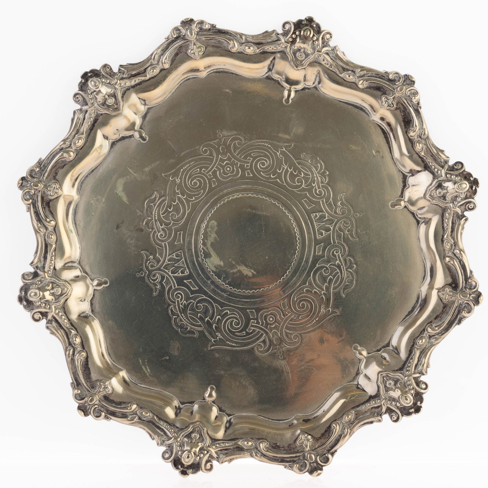 ANTIQUE VICTORIAN CHASED SILVER PLATED SALVER TRAY (1 of 3)