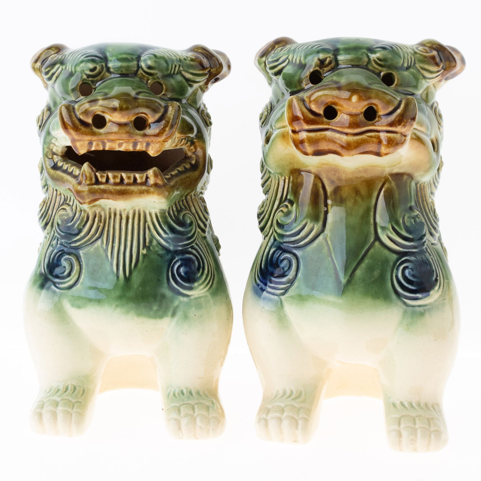 ANTIQUE PAIR OF CHINESE GLAZED CERAMIC POTTERY FOO DOGS (1 of 4)