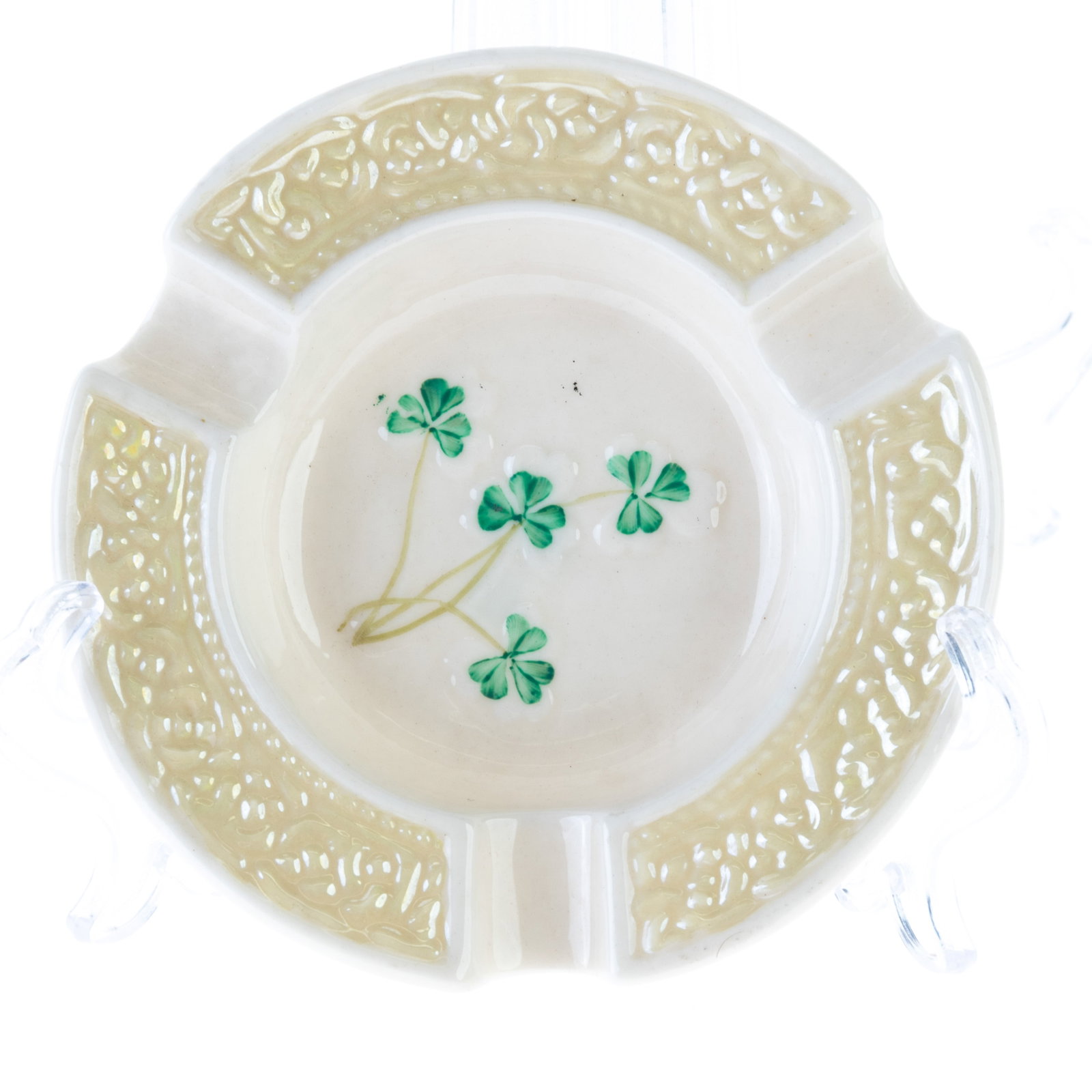 BELLEEK PORCELAIN ASHTRAY: (W) 11CM. From a collection of Wedgwood and other selected ceramic/porcelain objects. Kindly examine all photographs provided in this listing or ask for a condition report. All items offered are in ge