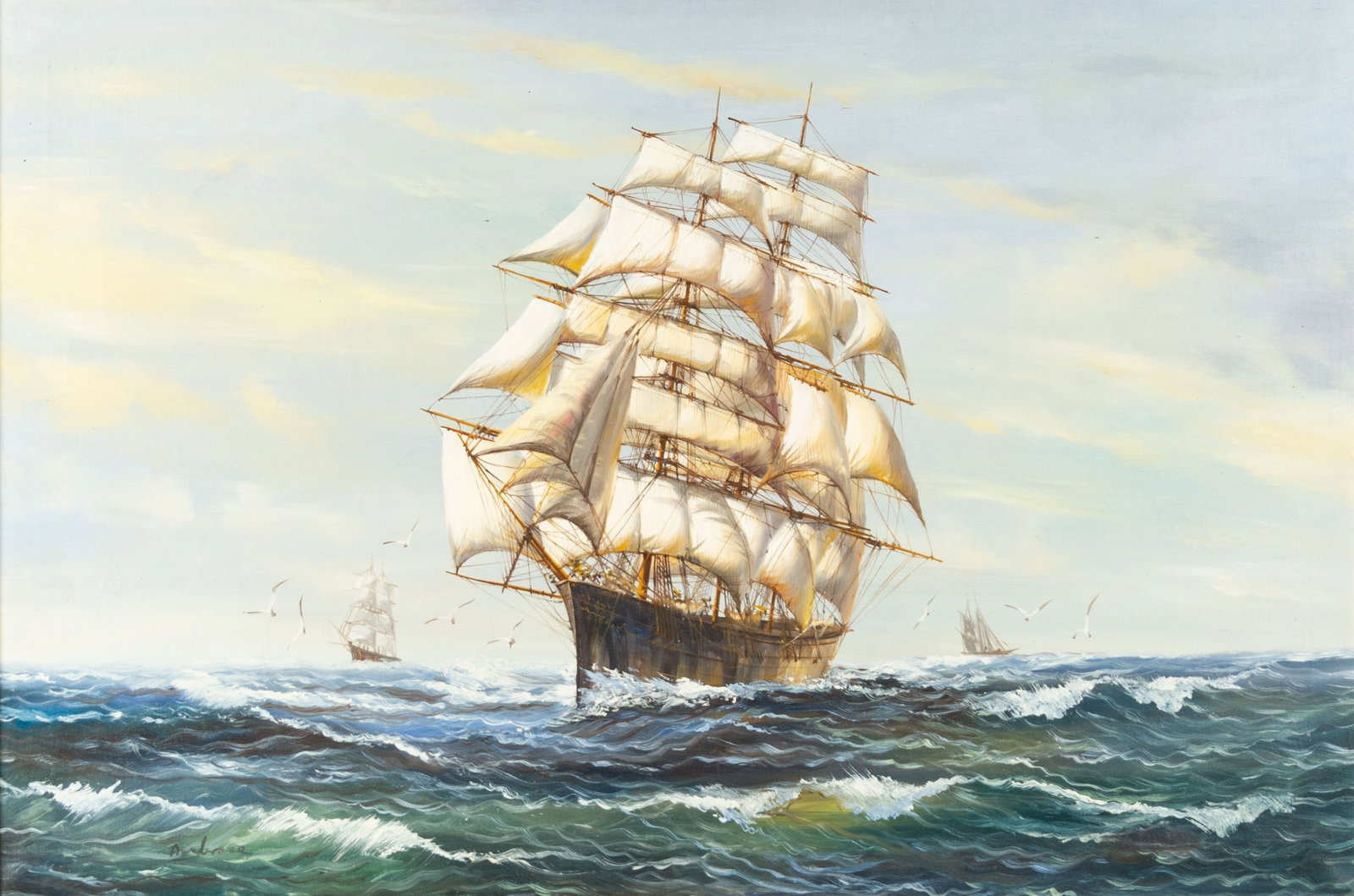 MARITIME NAUTICUL GALLEON SHIP OIL PAINTING ON CANVAS SIGNED: DIMENSIONS APPROX 100x69x3CM.