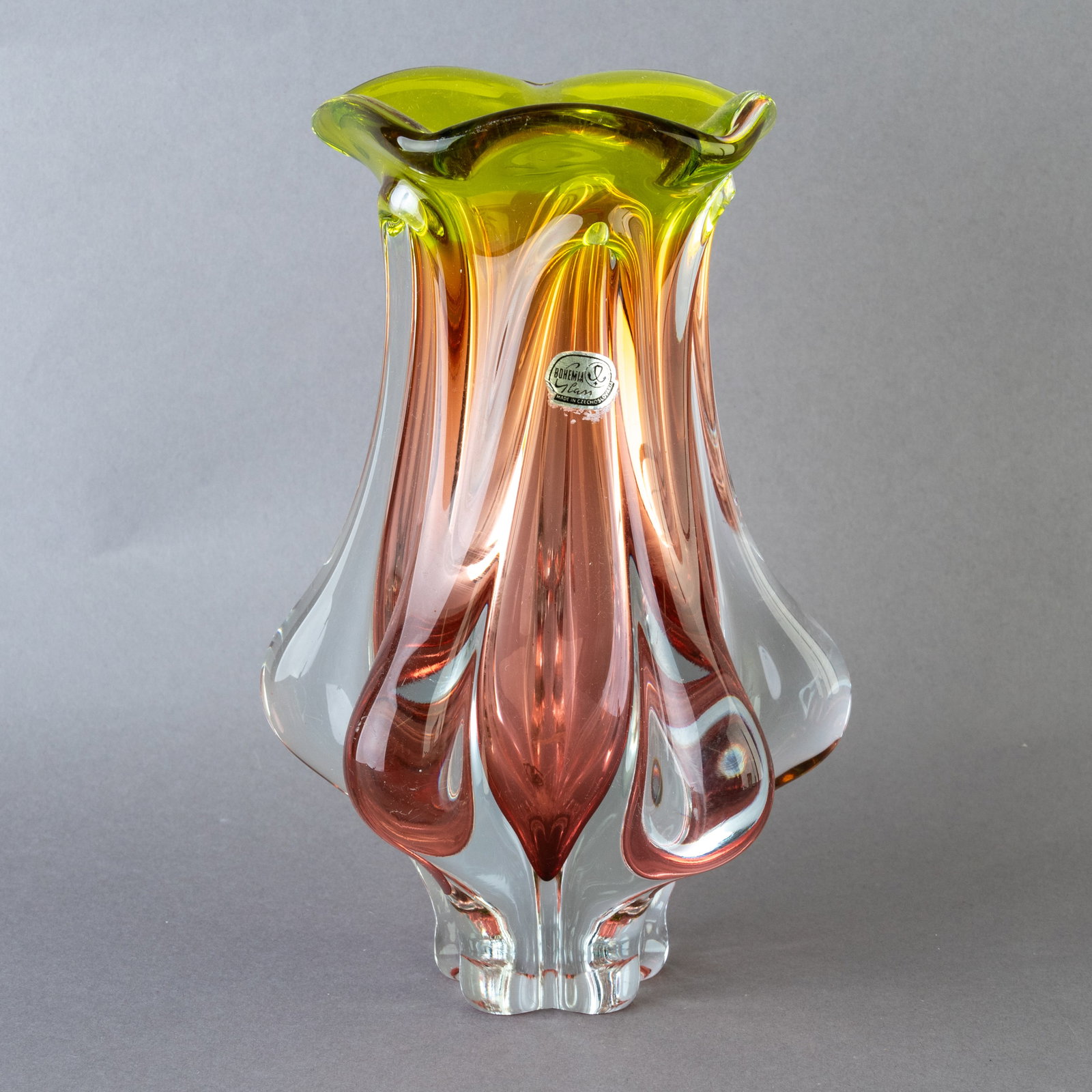 BOHEMIAN HAND-BLOWN AMBER GLASS VASE IN MANNER OF MURANO: From a collection of Wedgwood and other selected ceramic/porcelain objects. Kindly examine all photographs provided in this listing or ask for a condition report. All items offered are in generally go