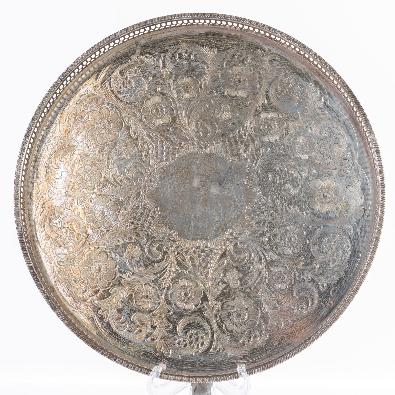 ANTIQUE CHASED SHEFFIELD SILVER PLATED FLORAL TRAY (1 of 4)