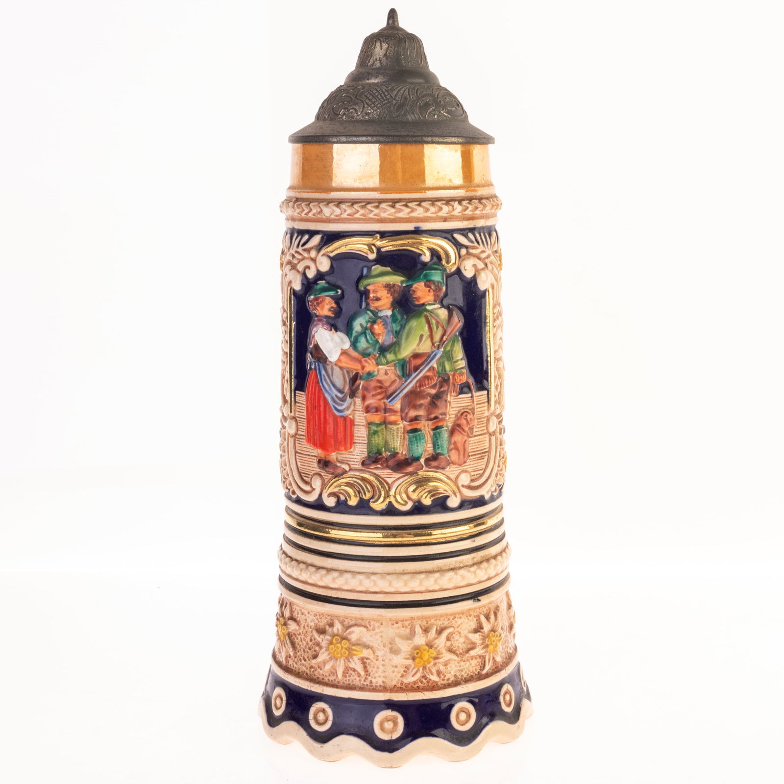 WEST GERMAN RELIEF CERAMIC LIDDED MUSICAL BEER STEIN MUG (1 of 3)