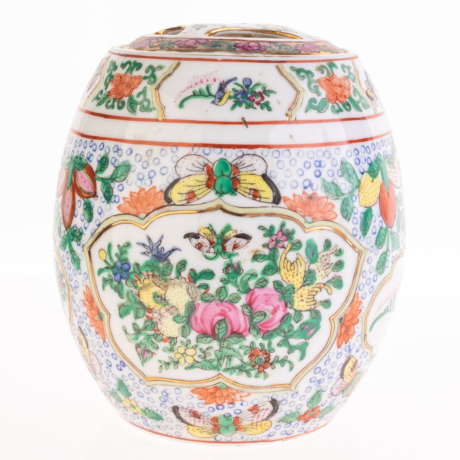CHINESE HAND-PAINTED FAMILLE ROSE PORCELAIN CERAMIC GINGER JAR: Kindly examine all photographs provided in this listing or ask for a condition report. All items offered are in generally good, pre-owned condition, unless otherwise specifically described. The item i