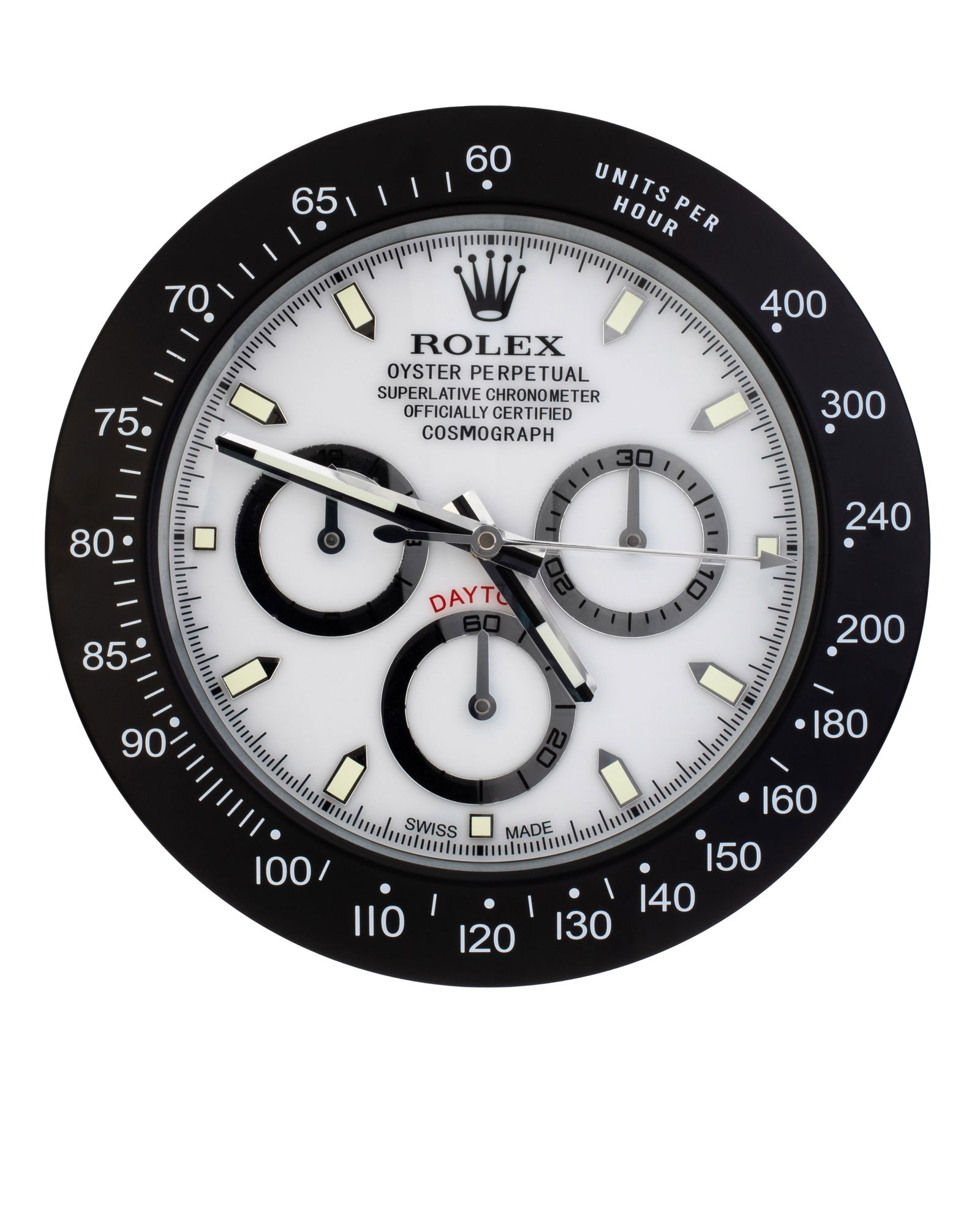 ROLEX BLACK, WHITE & SILVER DAYTONA AUTHORISED WATCH DEALERSHIP CLOCK: Clock is in excellent working condition. This oyster clock is authorised by Rolex for selected watch dealerships. With luminous, sweeping silent hands. Requiring two AA batteries. Dimensions 35cm in d