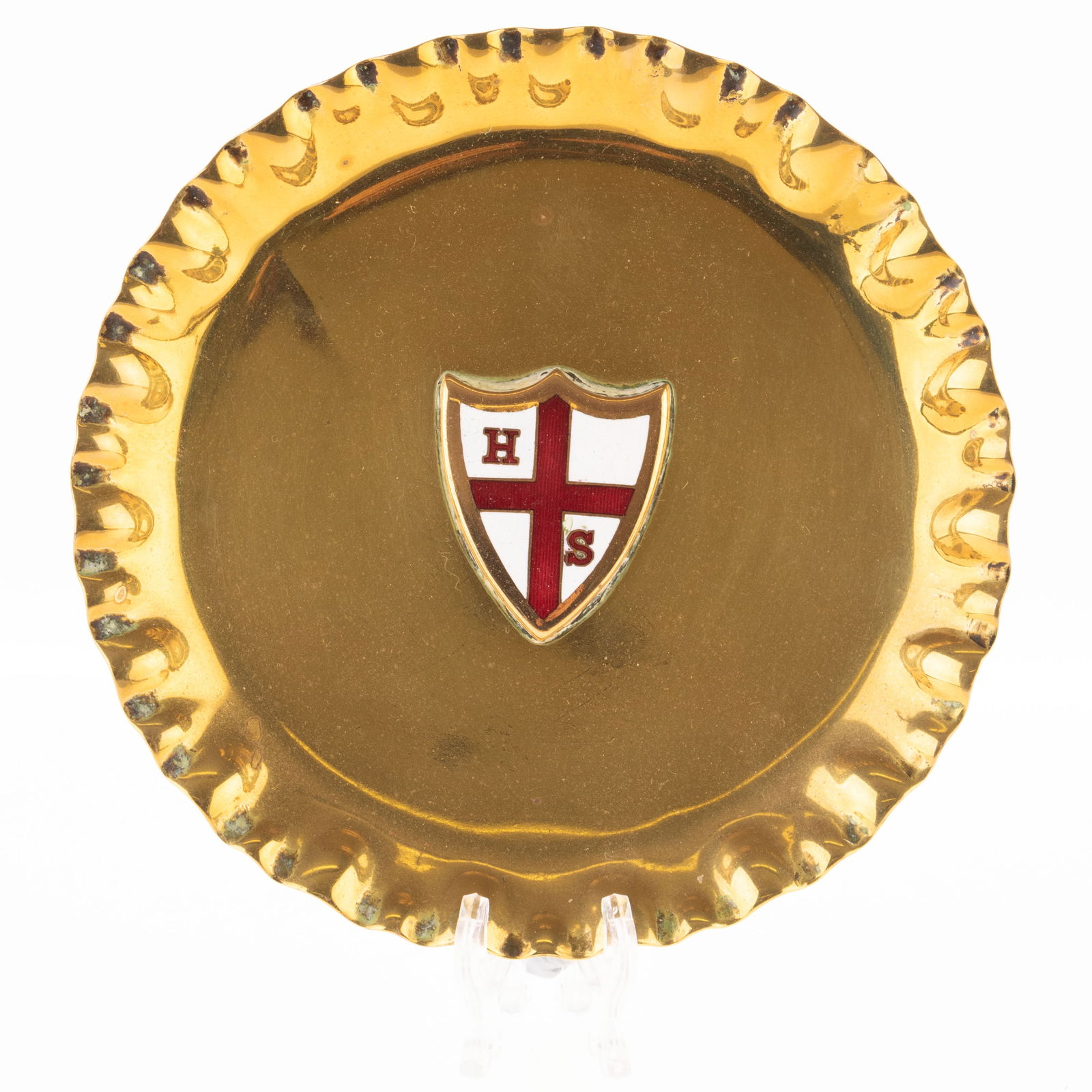 ANTIQUE BRASS DISH PLATE WITH ENAMEL SHIELD CREST (1 of 3)
