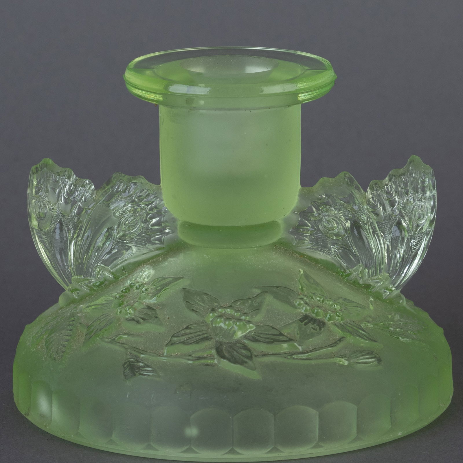 ART NOUVEAU GREEN URANIUM GLASS BUTTERFLIES CANDLE HOLDER (1 of 2)