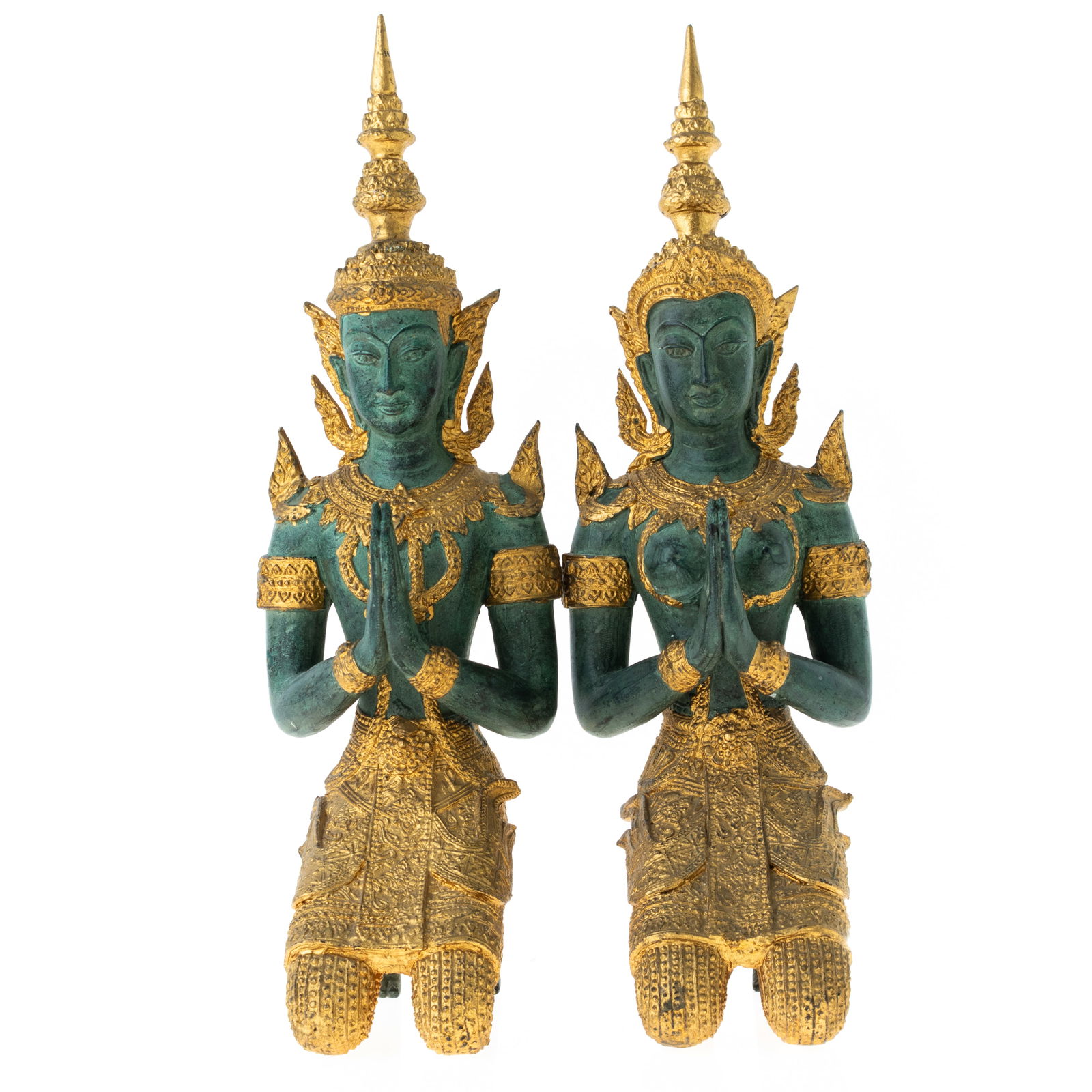 PAIR OF THAI GILT BRONZE BUDDHIST THEPPHANOM TEMPLE GUARDIAN SCULPTURES (1 of 4)