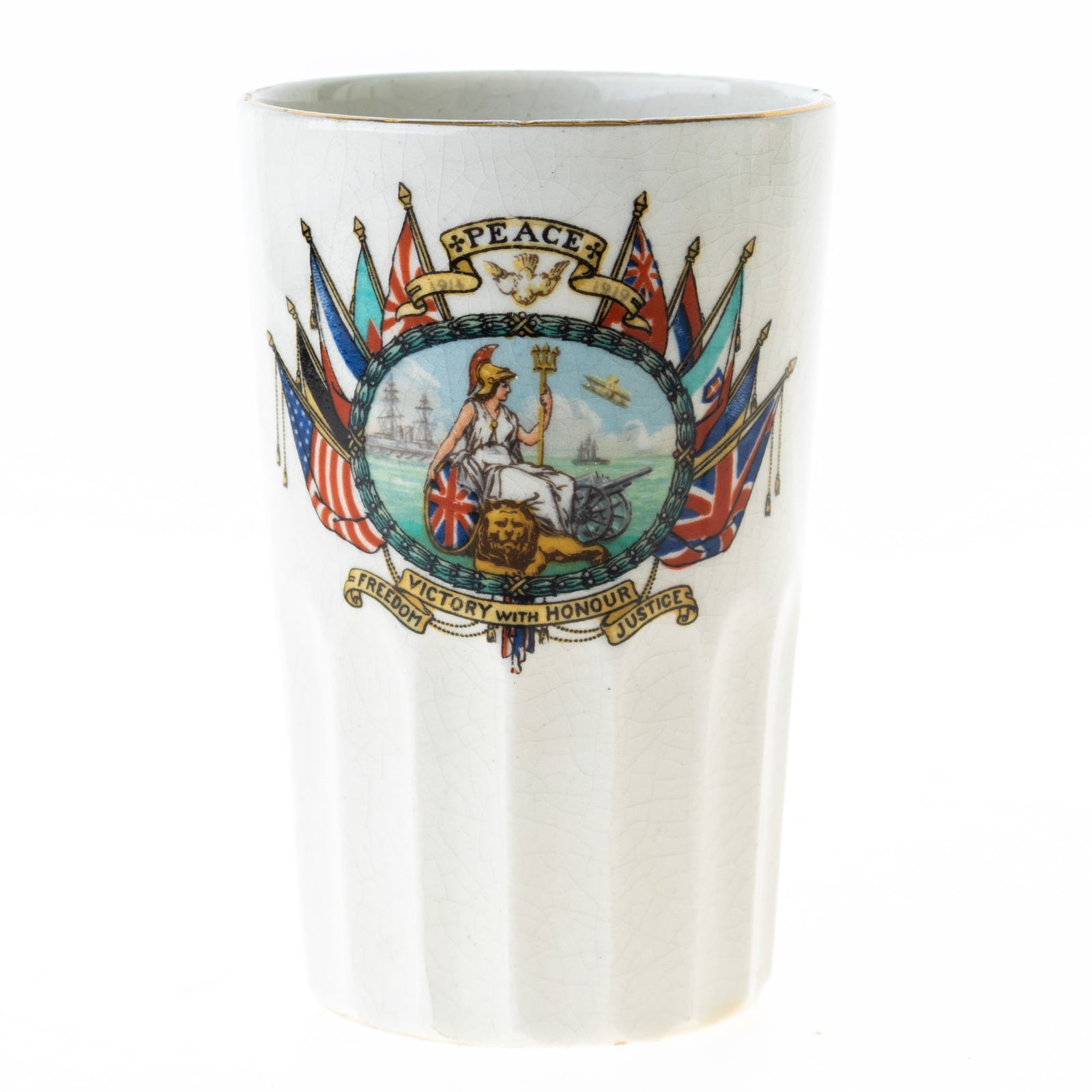 WWI HISTORICAL MILITARIA INTEREST PORCELAIN CERAMIC PEACE BEAKER: From a collection of Wedgwood and other selected ceramic/porcelain objects. Kindly examine all photographs provided in this listing or ask for a condition report. All items offered are in generally go