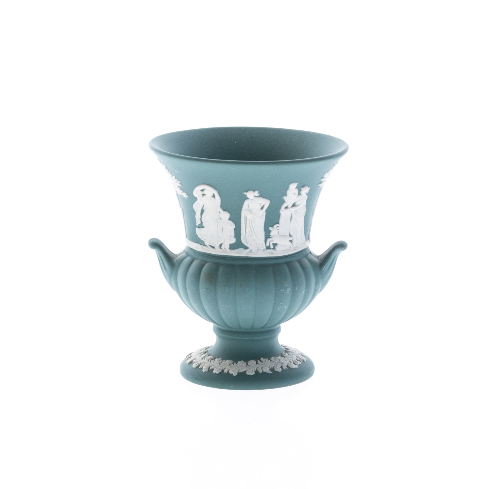 WEDGWOOD JASPER CERAMIC PORCELAIN URN VASE: (H) 9CM.From a collection of Wedgwood and other selected ceramic/porcelain objects. Kindly examine all photographs provided in this listing or ask for a condition report. All items offered are in gene