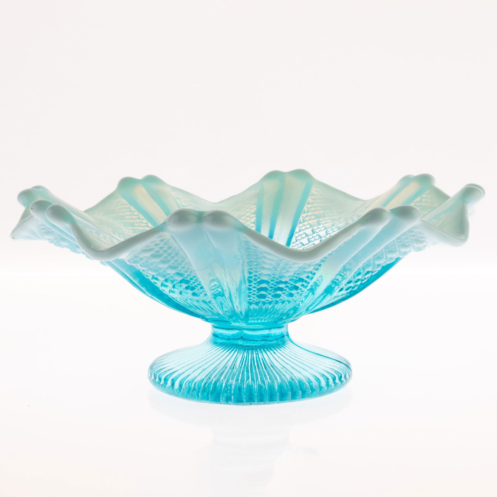 ANTIQUE DAVIDSON OPALESCENT VICTORIAN BLUE PEARLINE GLASS TAZZA (1 of 4)