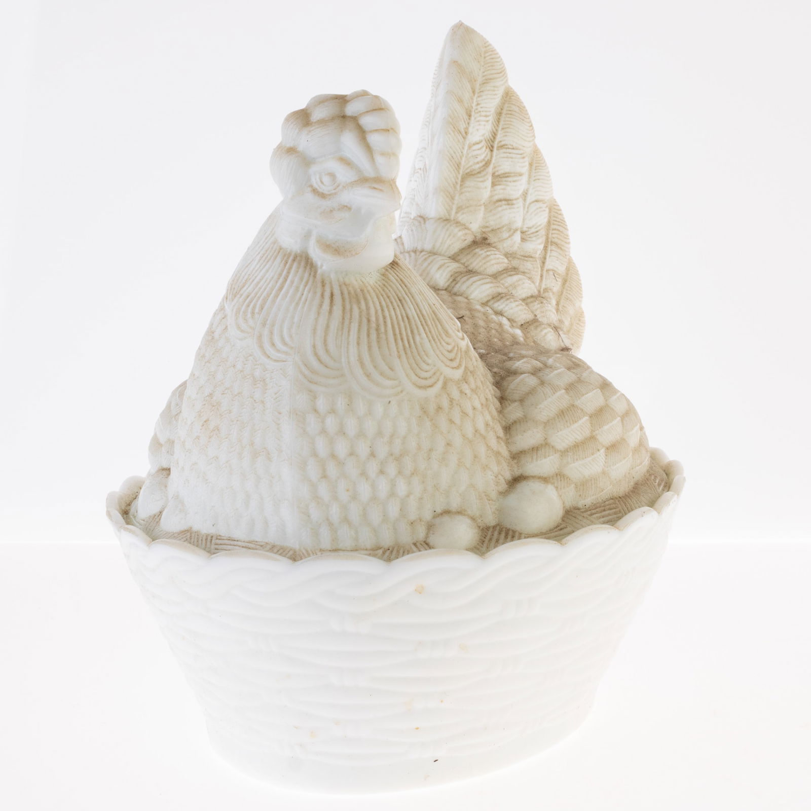 ANTIQUE MILK GLASS CHICKEN HEN ON A NEST LIDDED BOWL DISH (1 of 4)
