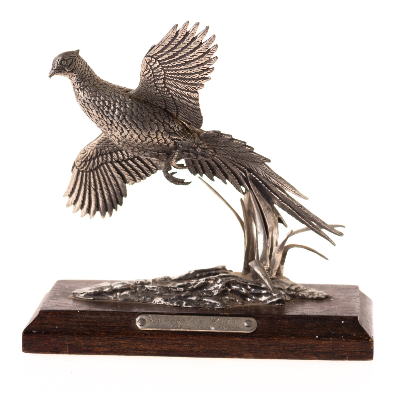 SILVER PLATED PHEASANT SCULPTURE: From a collection of Wedgwood and other selected ceramic/porcelain objects. Kindly examine all photographs provided in this listing or ask for a condition report. All items offered are in generally go