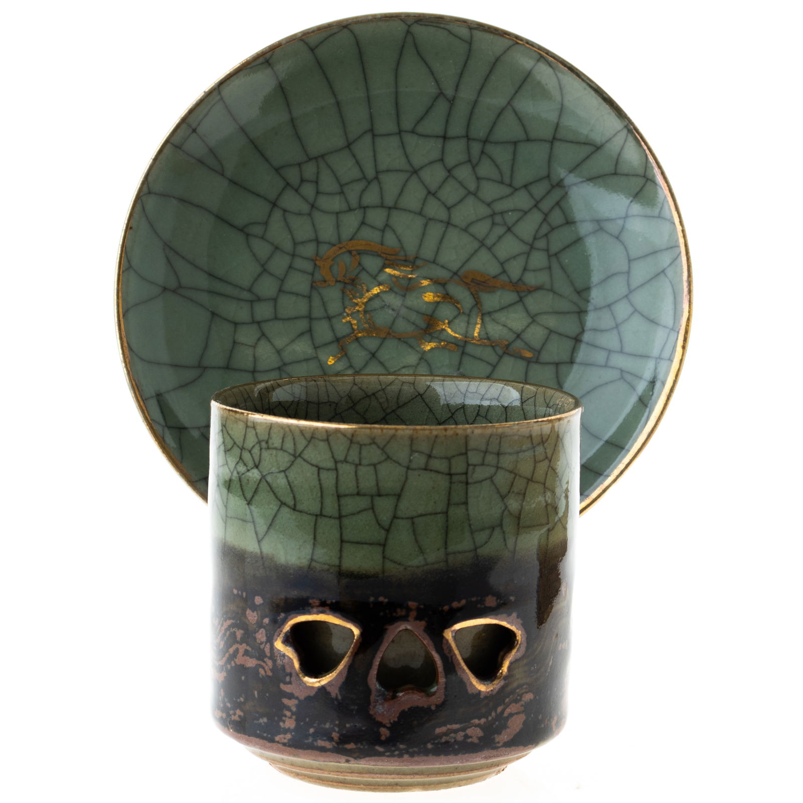 JAPANESE CRACKLE GLAZED CELADON CERAMIC SOMAYAKI TEACUP WITH SAUCER (1 of 4)