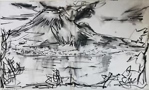 Kagoshima Volcano, Japan. David Smith. Ink / W/col. 1993: David Smith 1920-1998 Painter using a richly Expressionist palette, draughtsman, printmaker and teacher, born in Lowestoft, Suffolk, where he attended the Technical School, also Lowestoft and Norwich