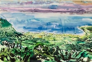 David Smith. An Extensive view of Japan with the Sea. W/col. ca. 1960s.: David Smith 1920-1998 Painter using a richly Expressionist palette, draughtsman, printmaker and teacher, born in Lowestoft, Suffolk, where he attended the Technical School, also Lowestoft and Norwich