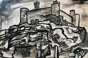 Harlech Castle, Wales by David Smith. Ink & W/col. ca. 1954: David Smith 1920-1998 Painter using a richly Expressionist palette, draughtsman, printmaker and teacher, born in Lowestoft, Suffolk, where he attended the Technical School, also Lowestoft and Norwich